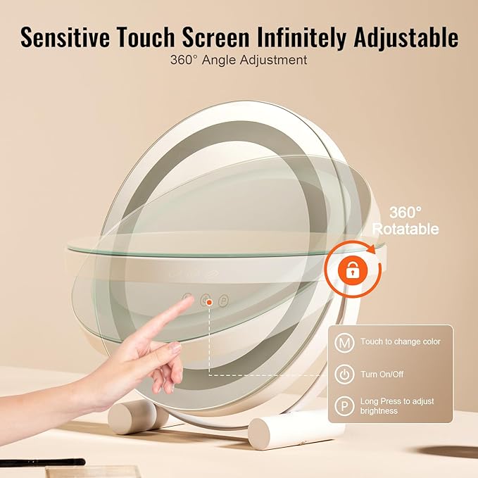VEVOR 12” Vanity Mirror with Lights, LED Makeup Mirror 3 Color Lighting Modes, with 5X Magnification Mirror, Smart Touch Control, 360°Rotation,Round Lighted Makeup Mirror for Bedroom Tabletop (White)