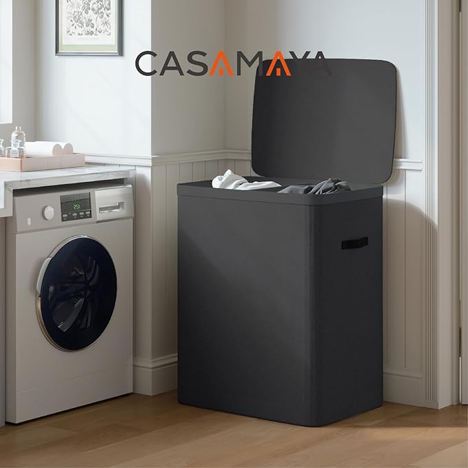CASAMAYA Laundry Basket with Lid, Laundry Hamper 2 Section, 170L collapsible Laundry Organizer, Easy Assembly, with Handles and Removable Liners, 22 x 15.7 x 29.5 Inches, Black JSP903B