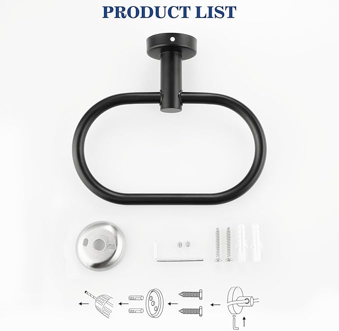 Alise Hand Towel Holder Towel Ring for Bathroom Lavatory,Towel Hanger Wall Mount SUS304 Stainless Steel Towel Rack,Black