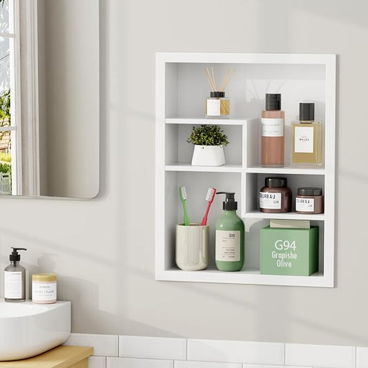 Stainless Steel Recessed Medicine Cabinet 14 * 18, Rust-proof Metal Wall Niche, In Wall Shower Niche Shelf Insert Replacement, Recessed Medicine Cabinets for Drywall, with 4 Compartments, White