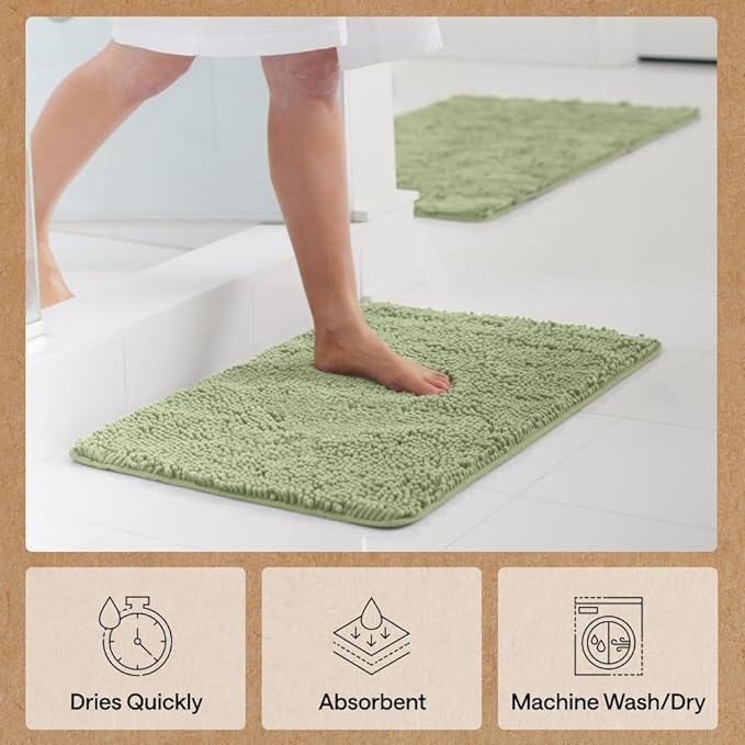 GORILLA GRIP Bath Rug Mat 44x26, Soft Absorbent Chenille, Quick Dry Microfiber Mats, Rubber Backing Washable Shower Floor Rugs, Bathmat Runner, US Designed Bathroom Home Decor Accessories Sage Green