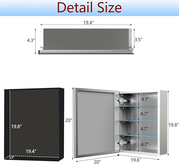 20"x20" Aluminum Medicine Cabinet, Bathroom Cabinet with Mirror,Firm and Durable, Waterproof and Rust-Proof, Recessed or Surface Mount,Assembly Required