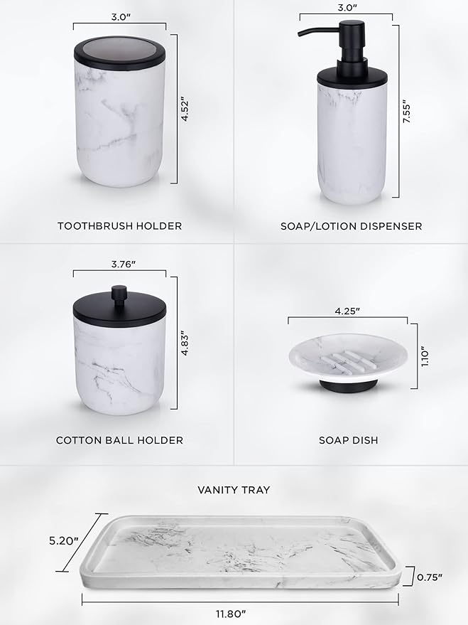 Marble & Matte Black Bathroom Accessories Set - Toothbrush Holder, Soap Dispenser, Modern Black Bathroom Decor