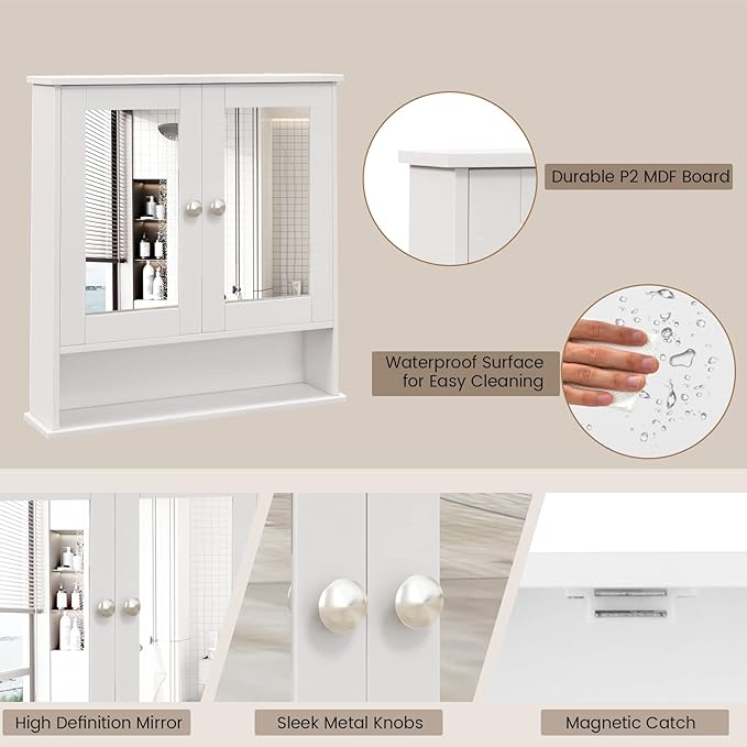 COSTWAY Bathroom Cabinet Wall Mount, Wooden Medicine Cabinet with 2 Mirror Doors, Adjustable Shelf, Open Compartment, for Laundry, Living Room, Kitchen, White