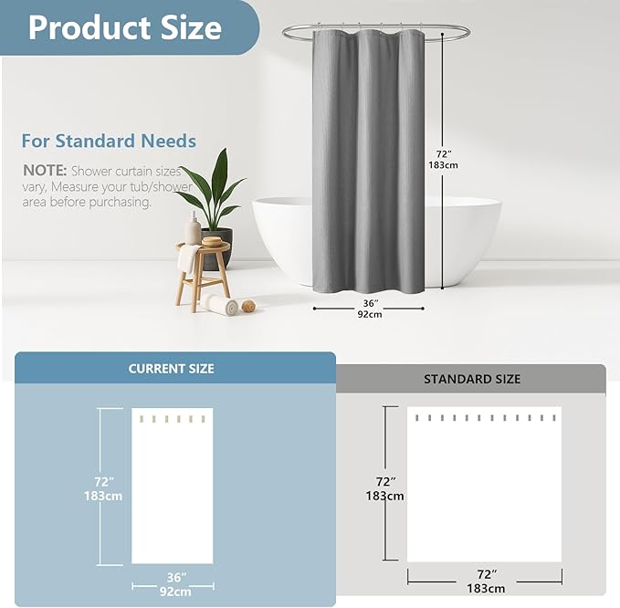 OVZME Berry Stall Fabric Shower Curtain 36 x 72 Inch - Soft & Waffle Small Grey Shower Curtain for Bathroom with Texture for Narrow Stall Size, Machine Washable Water Resistance, Hotel Style, Grey