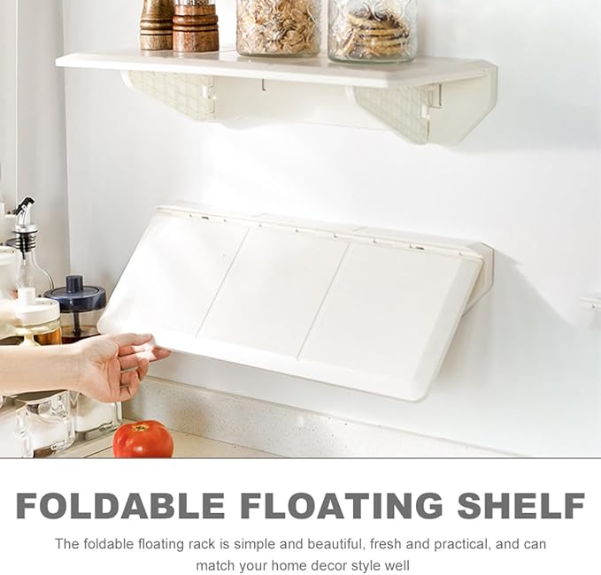 Veemoon Wall-Mounted Folding Storage Shelf White Adhesive Floating Rack Space-Saving Organizer for Kitchen Bathroom Home