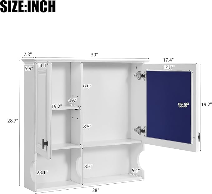 Bathroom Wall Cabinet with Mirror, Medicine Cabinet with 2 Doors and Adjustable Shelf, Space Saver Storage Cabinets Over The Toilet for Bathroom (30'' x 28'')