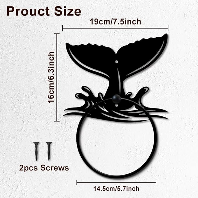 MAYJOYDIY Whale Tail Metal Towel Ring Round Fish Tail Hand Towel Holder Ocean Ring Hanger Wall Mount Black Vintage Towels Wall Organizer for Kitchen Bath Home Laundry Room Decors Gifts