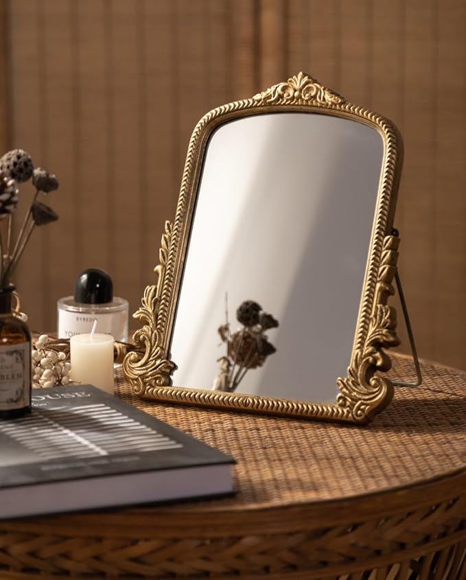 2026 Spring Women's Gifts Small Vintage Vanity Makeup Desk Mirror Antique Traditional Chic Arch Table Mirror Gold，Decor Wood Carved Mirror for Living Room,Bedroom,Tabletop 11.8" x 9.6"