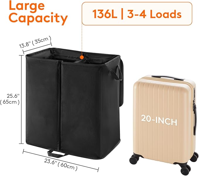 Lifewit 136L Double Laundry Hamper with Lid and Removable Laundry Bags, Large Divided Hamper, Collapsible 2 Section Laundry Basket with Handles for Bedroom, Bathroom, College Dorm, Laundry Room, Black
