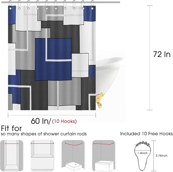 Shower Curtain Set with Hooks Blue and White Shower Curtain for Bathroom Fabric Grey Geometric Bath Curtains Decorative Gray Water Repellent, 60x72, Navy Blue