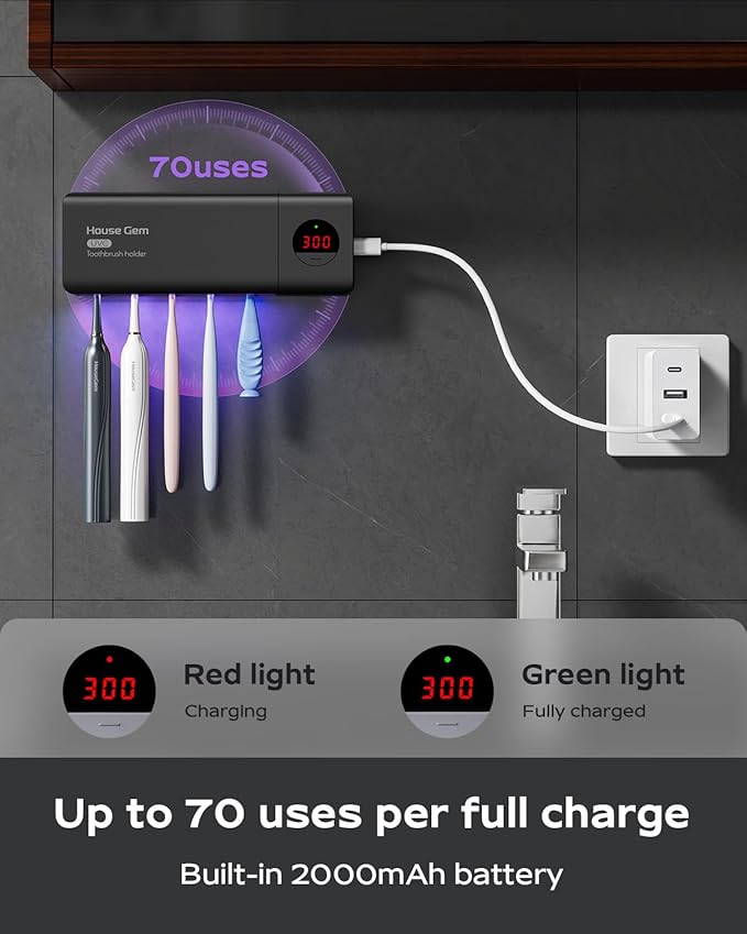 HouseGem Toothbrush Holder, Timer Function, 2000mAh Rechargeable Cordless Wall-Mounted Bathroom (Black)