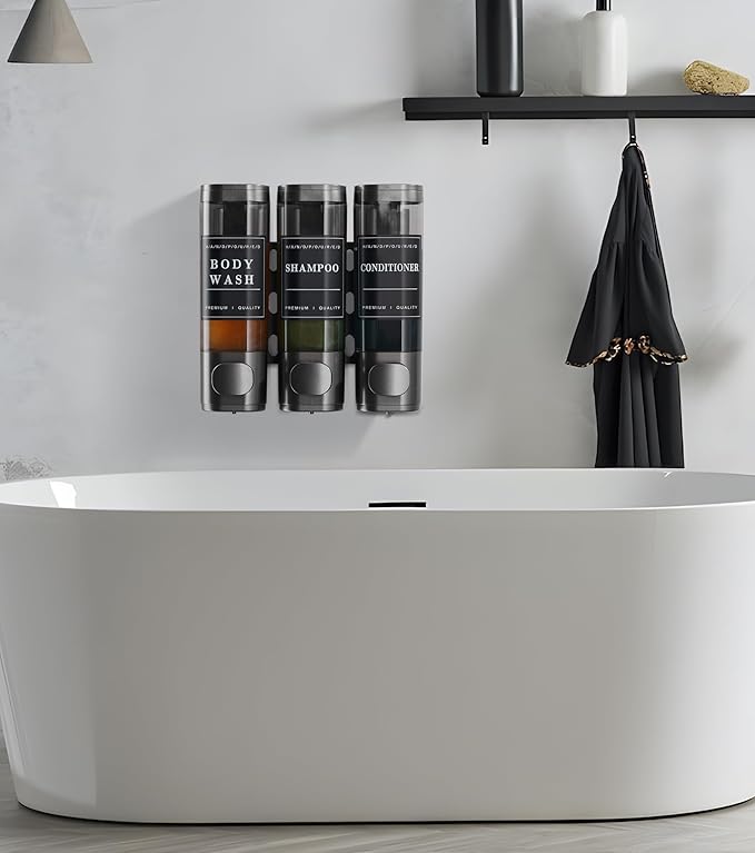 Cabo Deseado Shower Soap Dispenser Wall Mounted No Drill Shampoo Dispenser for Shower Wall Shampoo and Conditioner Dispenser Bathroom Hotel 3 * 300ml Gungray with Labels
