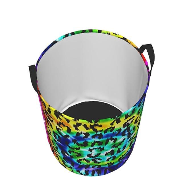 Leopard Round Laundry Hamper Rainbow Tie Dye Storage Basket Toys Clothes Organizer Bin For Home Bathroom Bedroom Dorm Nursery, 38l