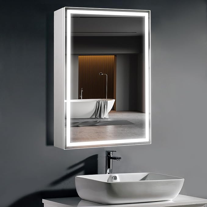 28 x20Inch LED Medicine Cabinet Mirror with Lights for Bathroom,Defogger,Stepless Dimmable, 3000K/5500K Color Temperature Wall Mounted Makeup Mirror,Adjustable Shelf (Assembly Required)