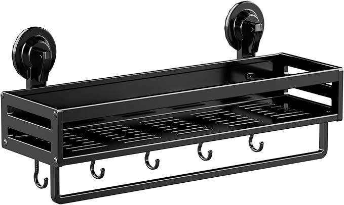 Shower Caddy Suction Cup, 15.7 inch Suction Shower Shelf with Hooks NO-Drilling Bathroom Holder, Rustproof Bathroom Organizer, Black