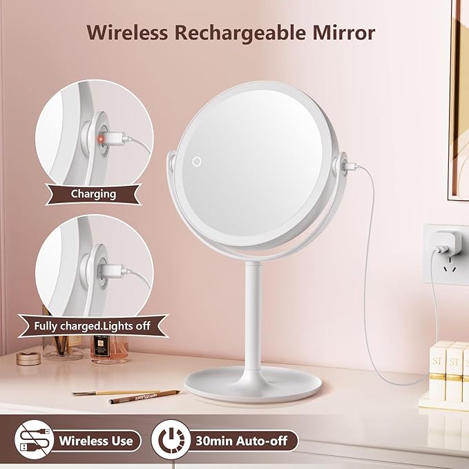 1X/10X Magnifying mirror with light，Magnifying Mirror with 3 Colors Lights,makeup mirror with lights,mirror for desk，Rechargeable double sided lighted makeup mirror,Brightness Adjustable 8.6"Large