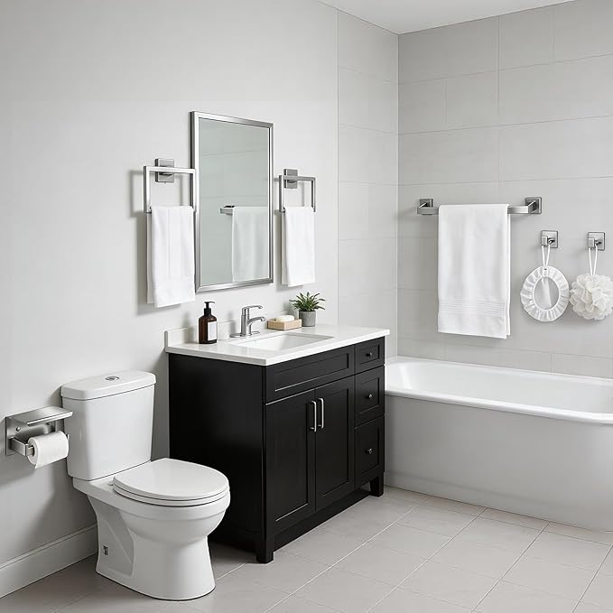 Brushed Nickel Bathroom Accessories 6-Piece, Stainless Steel Classic Bathroom Hardware Set, 16" Towel Bar, Toilet Paper Holder with Shelf, 2 Towel Rings & 2 Hooks, Wall Mounted for Bathroom Apartment