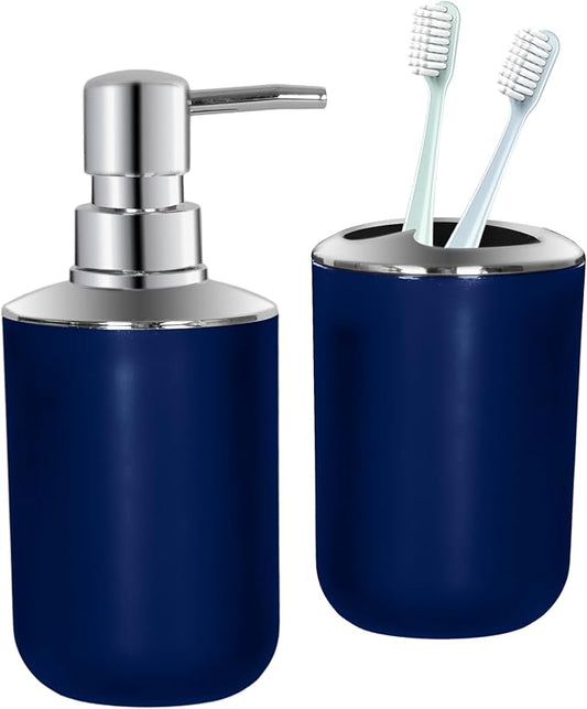 Blue Bathroom Accessories Set 2 PCS, Blue Bathroom Accessories, Plastic Soap Dispenser and Toothbrush Holder Set, Boho Bathroom Decor, Bathroom Set