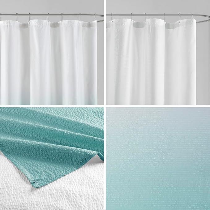 Madison Park Ara Shower Curtain, Seersucker Design Ombre Print, Modern Bathroom Decor, Machine Washable, Fabric Privacy Screen, 72x72, Aqua