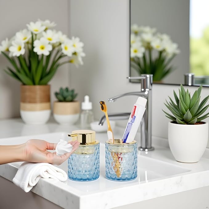Bathroom Accessories Set 2pcs Glass Foaming Soap Dispenser and Toothbrush Holder for Bathroom Countertop, Blue Glass Bathroom Assessory Set with Gold Decor