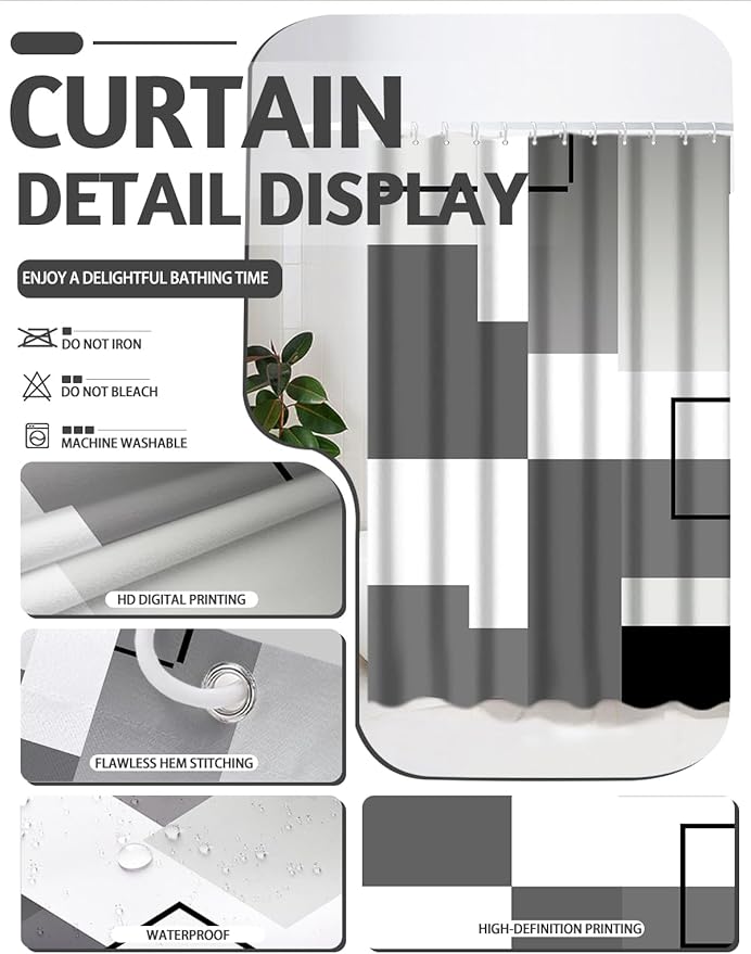 Lnond Grey Bathroom Set, 22-Piece Orange Geometry Bathroom Decor Set with with Shower Curtain and Rugs, Trash Can, Toilet Brush Holder Set & Soap Dispenser