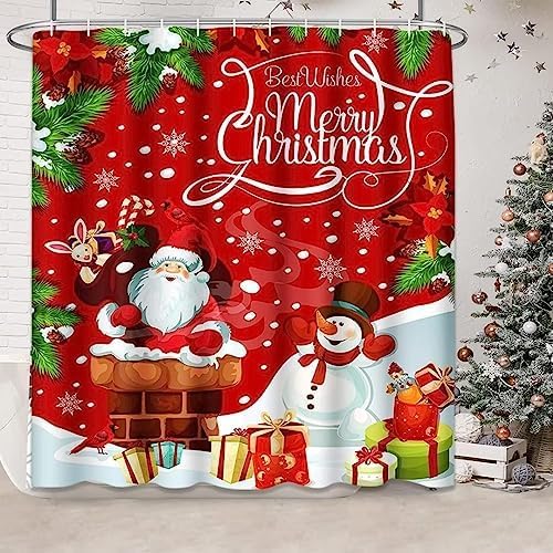 NBVKO 4PCS Merry Christmas Snowman Red Set Shower Curtain,with Non-Slip Rugs,Toilet Lid Cover and Bath Mat,Winter Bathroom Decor Accessory Set