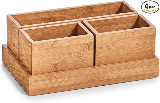 Zeller 25387 Organiser Set 4 Pieces Bamboo Approx. 28 x 17.7 x 11 cm Office Makeup Utensils Storage