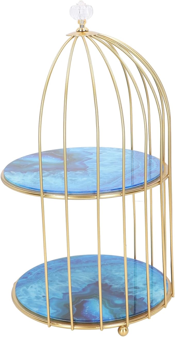 Double Layer Storage Shelf Bird Cage Organizer Display Rack for Bathroom Countertop Dressing Table Gold Frame (Agate Stone Pattern)