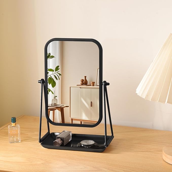 Small Mirror for Desk Table Black Metal Framed Freestanding Vanity Mirrors with Storage 360°Rotation Countertop Mirror Portable Makeup Mirrors for Dressing Bathroom Bedroom Dorm