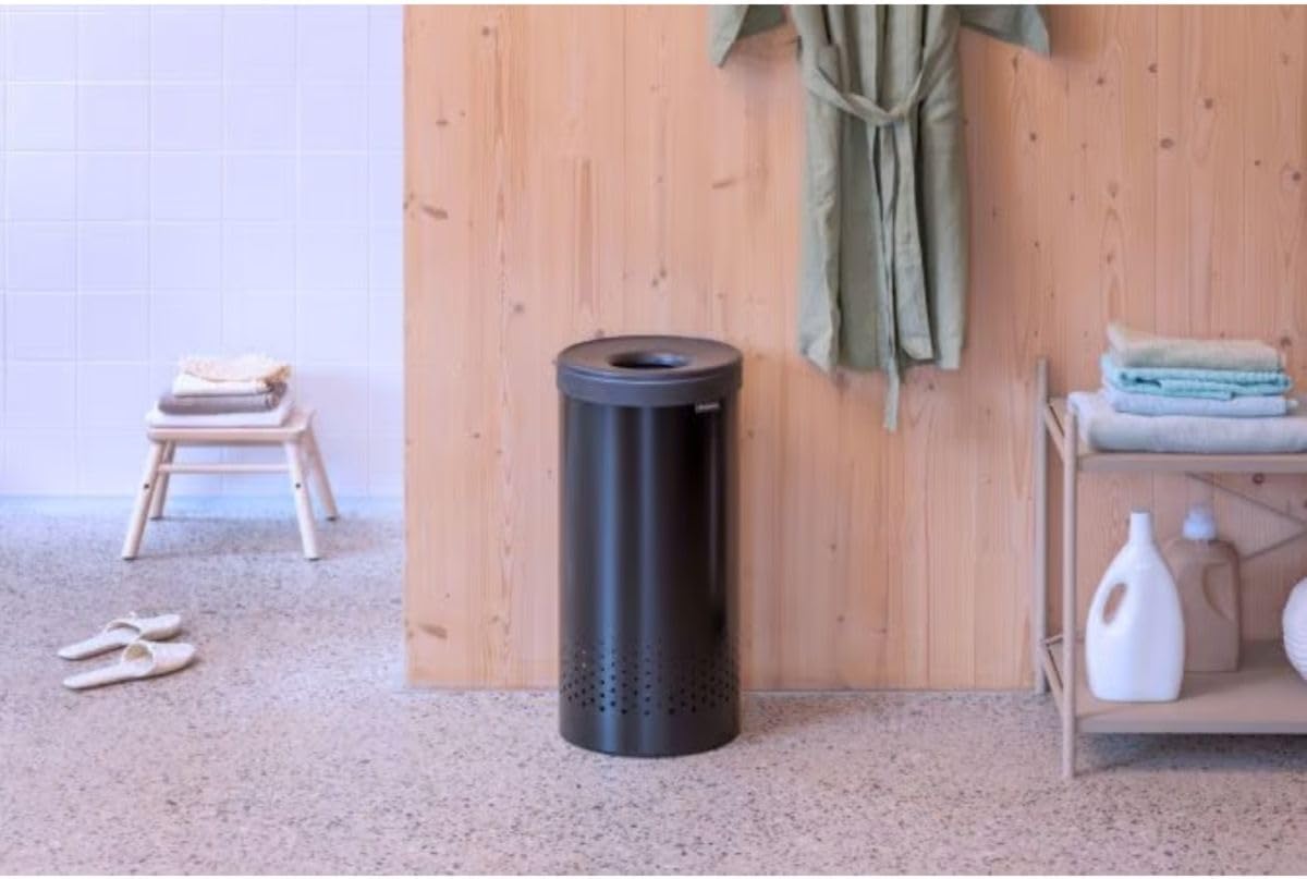 Brabantia Laundry Basket with Lid | 9 Gal Washing Hamper with Removable Cotton Bag & Quick-Drop Opening | Space-Saving Laundry Hamper | Matt Black