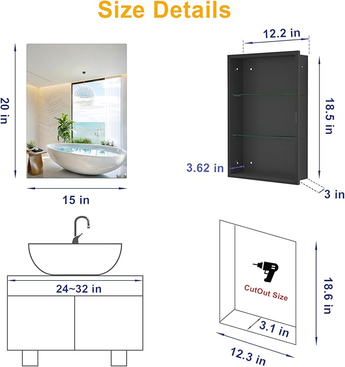 15"x20" Black Medicine Cabinet Mirror, Recessed & Surface Mount Medicine Cabinets for Bathroom, Tempered Glass Mirror + Full Metal Storage Cabinet, 2 Stable and Removable Shelves, Left or Right Open