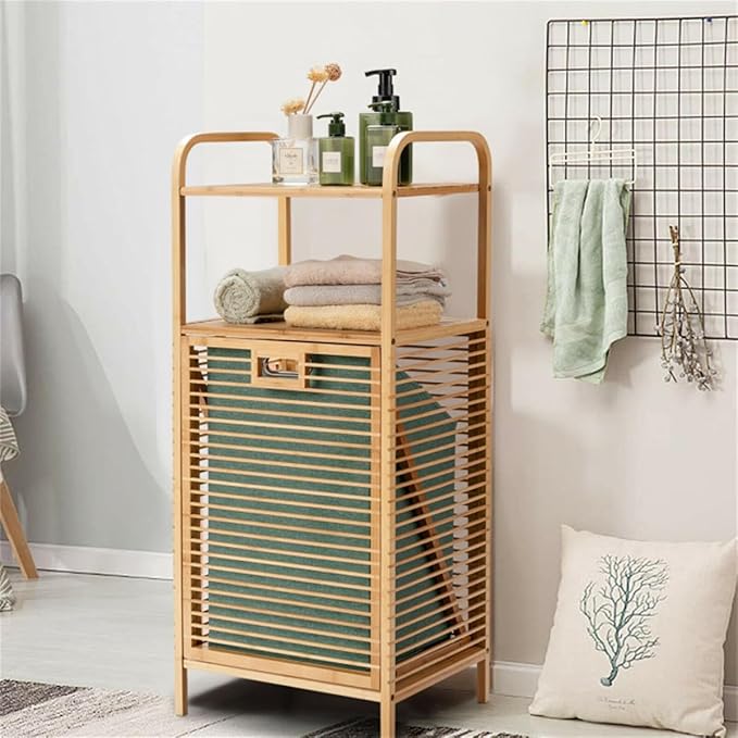 Bamboo Bathroom Storage Shelf with Tilt Out Laundry Hamper Tall Freestanding Organizer with Two Open Shelves for Towels and Toiletries Removable Fabric Bin 38 Inch Height Bathroom Furniture