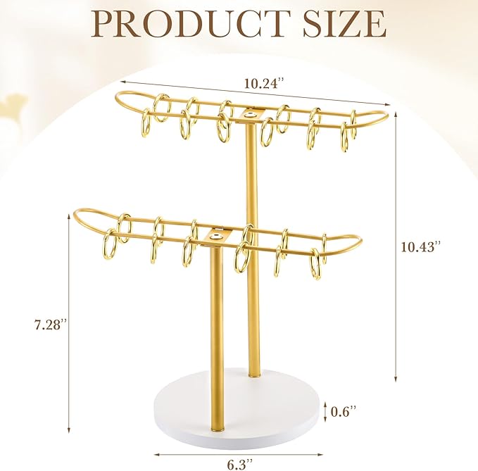 Lewtemi 2-tier Metal Claw Clip Organizer with 24 Golden Rings Hair Clip Holder Stand Claw Clips Storage Display Rack Hair Accessories Organizer Room Dressing Table Bathroom Decor for Women and Girls