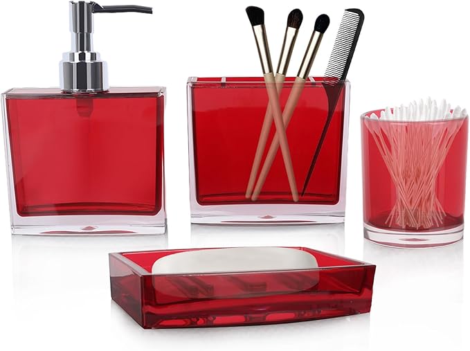 4-Piece Bold Red Acrylic Bathroom Accessories Set — Soap Dispenser, Toothbrush Holder, Soap Dish & Mouthwash Cup, Vanity Countertop Organizer for Red Bathroom Decor