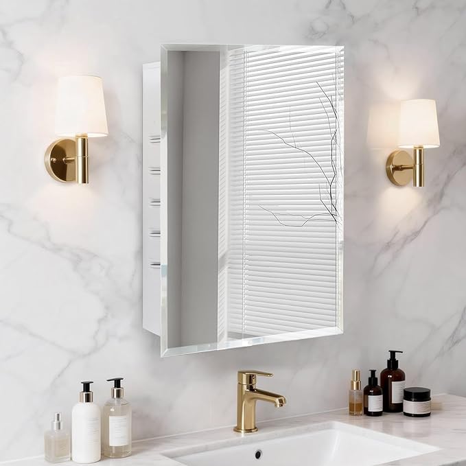 16x20'' Bathroom Medicine Cabinet Mirror with Storage, Surface Mount or Recessed Medicine Cabinet with 3-Tiered Adjustable Tempered Glass Shelves