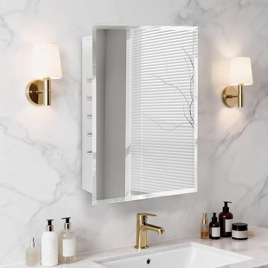 16x20'' Bathroom Medicine Cabinet Mirror with Storage, Surface Mount or Recessed Medicine Cabinet with 3-Tiered Adjustable Tempered Glass Shelves