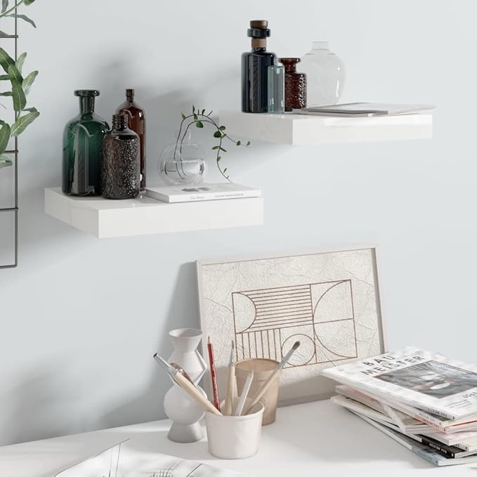 Floating Wall Shelves 2 Pack High Gloss White Modern Display Rack for Living Room Bedroom, Invisible Mounting, 9.1x9.3x1.5 Inches MDF Honeycomb Shelves with 11lb Capacity Each
