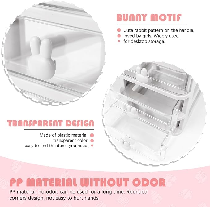 3 Layer Plastic Storage Drawer Bunny Transparent Cosmetic Organizer Rabbit Makeup Organizer Storage Container for Office School Home（White）