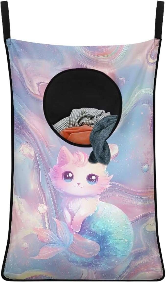 ZOUTAIRONG Cat And Fish Design Over The Door Laundry Hamper Hanging Storage Bag Over The Door Closet Organizers Clothes Hampers Space Saving Laundry Bag
