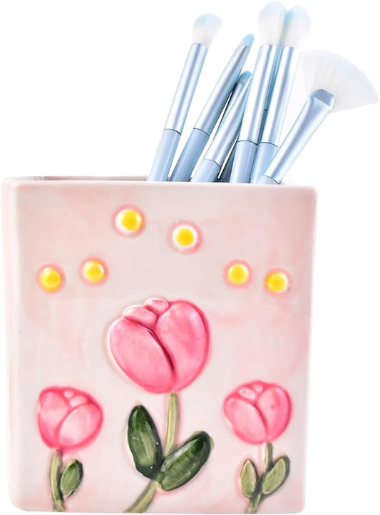 Ceramic Book Shaped Tulip Pattern Cosmetic Storage Box, Desktop Organizers Make Up Brush Storage Stand Desktop Storage Box for Brush,Pencil,Art Supplies, Painting Brush (Pink)
