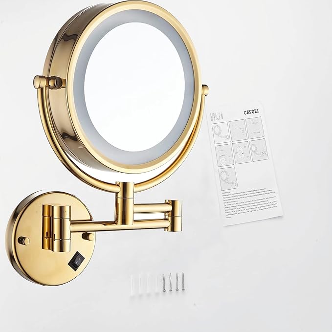 Hardwire LED Lighted Wall Mount Gold Makeup Mirror with 10x Magnification for Bathroom and Bedroom,13" Extendable Arm (Gold)