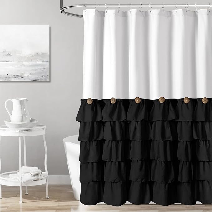 Seasonwood Black and White Farmhouse Shower Curtain 72 x 84 Black Ruffle Shower Curtain with Vintage Buttons, Rustic Decorative Fabric Shower Curtains