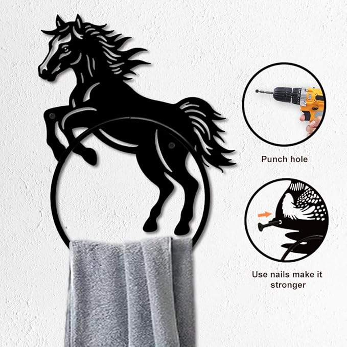 MAYJOYDIY Horse Metal Towel Ring Country Style Horse Towel Holder Horse Animal Towel Ring Black Plant Towel Rack Wall Mounted for Bathroom Kitchen Towel Hanger Home Decors Gift