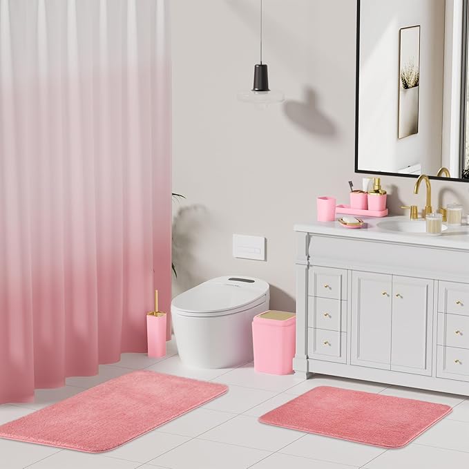 XLHOMO Bathroom Set - Pink Bathroom Sets with Shower Curtain and Rugs, 24PCS Shower Curtain Set with Hooks, Soap Dispenser, Soap Dish, Toilet Brush Holder and Trash Can for Housewarming