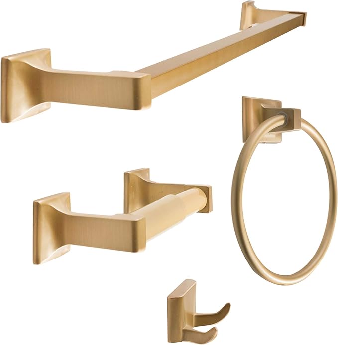 SENTO Cellar Classic Bathroom Accessories Set, Heavy Duty Metal Bath Hardware Set Wall Mounted, Includes Robe Hook, Standard Toilet Paper Holder, Towel Ring, 24” Towel Bar (4-Piece, Satin Brass)