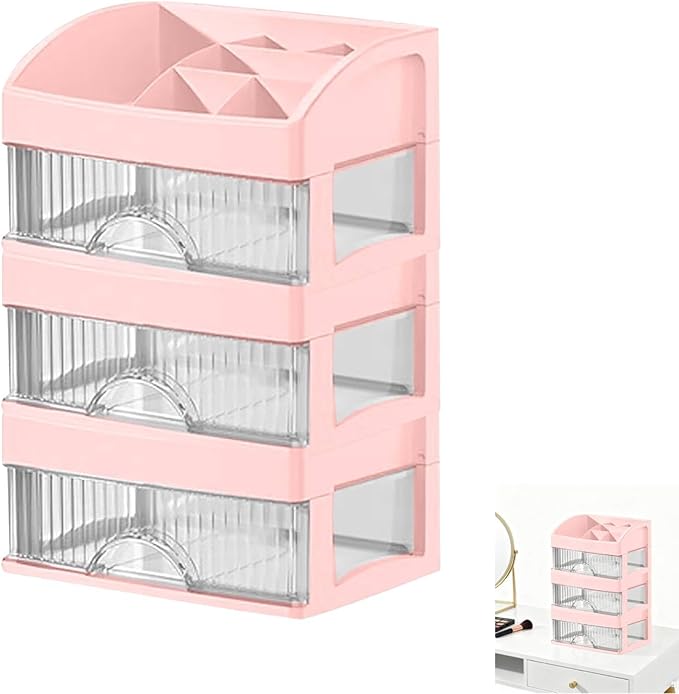 Makeup and Jewelry Organizer-Multilayer Transparent Drawer Storage,Desk Drawer Organizer-Cosmetics Jewelry Storage Cabinet,Desktop Rack for Stationery | Household Storage,for School Home (pink, L)