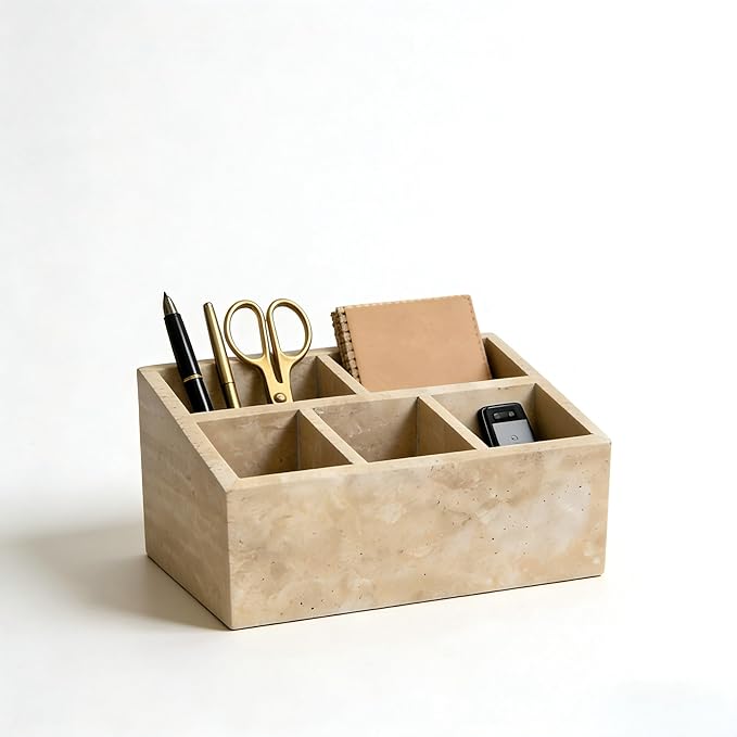 Marble Desk Organizer with 3 Compartments, White and Purple Pattern, Modern Design (Beige-pro)