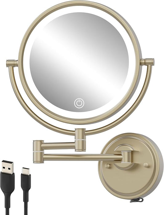 10" Wall Mount Magnifying Mirror with Light Gold, Rechargeable 1X/5X Double-Sided 3 Color Touch Dimmable Extended Swing Arm 360 Rotation Vanity Mirror for Bathroom, Satin Brushed Gold