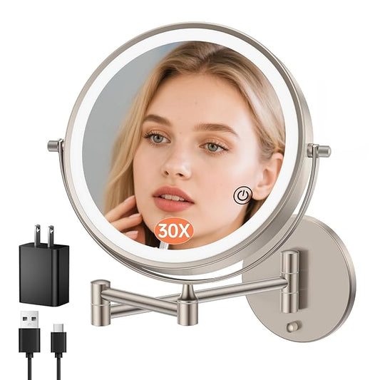 FUNTOUCH 5000mAh Rechargeable Wall Mounted Makeup Mirror with Lights, 9" Double Sided 1X/30X Magnifying Mirror with Dimmable 3 Color Light, Extended Swing Arm 360° Wall Mount Bathroom Mirror,Nickel